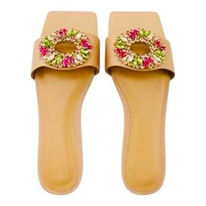 Zara Tan Green Sandals with Elegant Jeweled Design